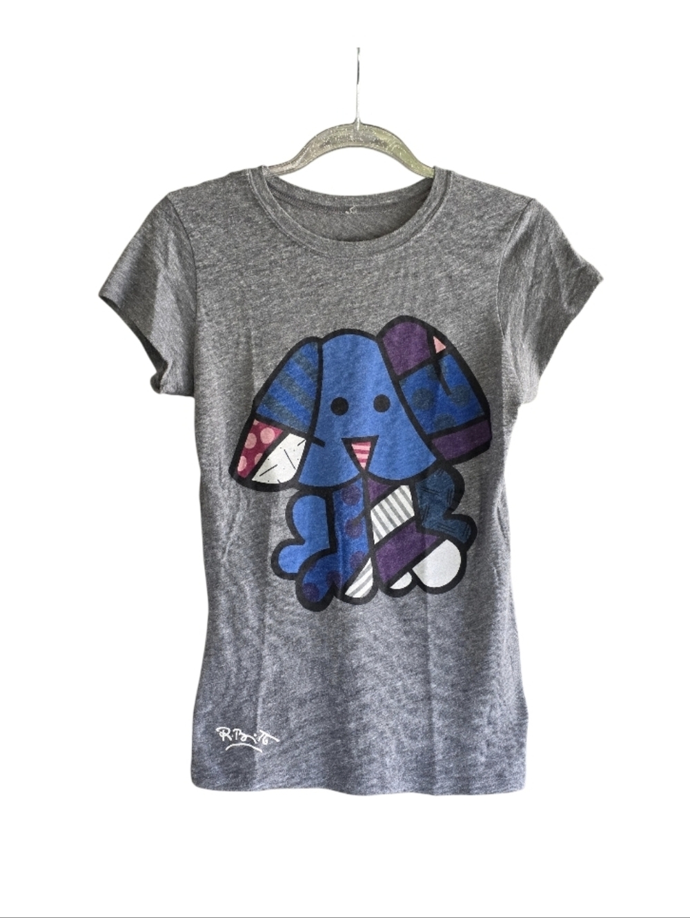 Romero Britto Gray Short Sleeve Tee Vintage Y2K Colorful Dog Graphic T-shirt